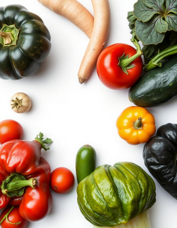 Fresh vegetables isolated on white background. Top view. Flat lay.の写真素材