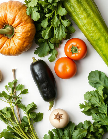 Fresh vegetables on a white background. Top view, flat lay.