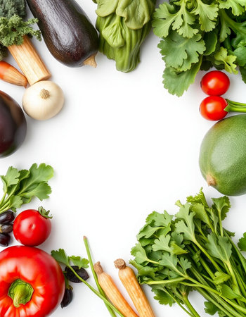 Frame of fresh vegetables on white background, top view. Space for textの写真素材