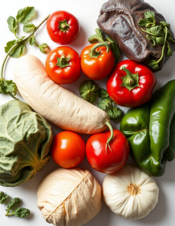 Vegetables on a white background. Tomato, pepper, eggplant, garlic, parsleyの写真素材