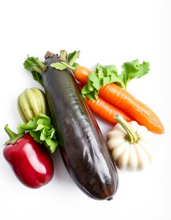 Eggplant, carrot, pepper and parsley on white background