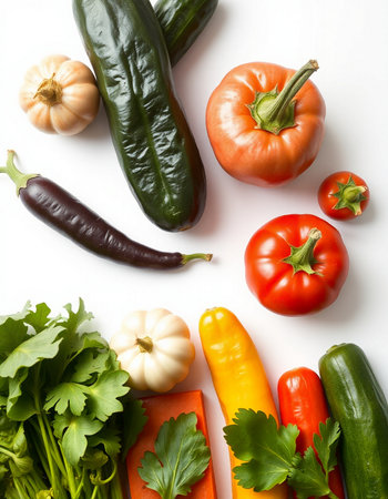 Fresh vegetables on white background, top view. Healthy food concept.の写真素材
