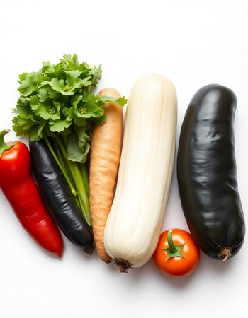Eggplant, carrot, tomato and parsley on white backgroundの写真素材