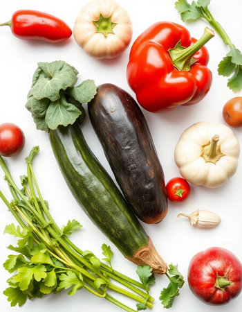 Vegetables on a white background. Top view, flat layの写真素材