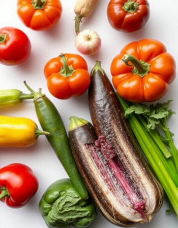 Variety of fresh vegetables on white background. Healthy eating concept.の写真素材