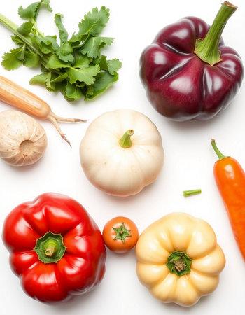 Vegetables on white background, top view, close-upの写真素材