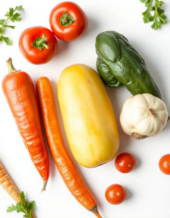 Fresh vegetables on white background, top view. Healthy food concept.