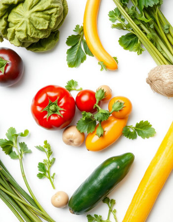 Fresh vegetables isolated on white background. Top view, flat lay.の写真素材