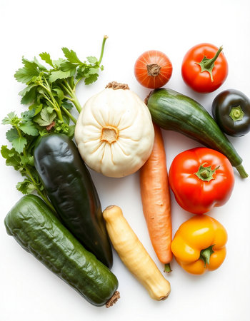 Fresh vegetables isolated on white background. Healthy food. Top view.の写真素材