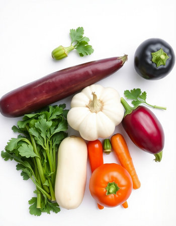 Fresh vegetables isolated on white background. Healthy food concept. Top view.