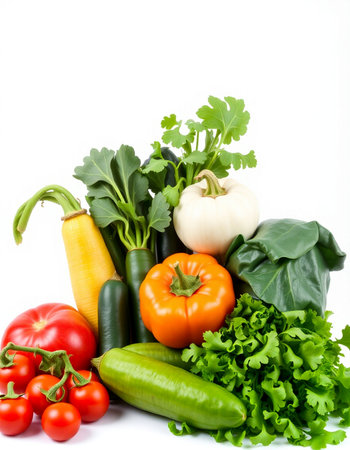 Composition with variety of fresh vegetables on white background. Balanced dietの写真素材