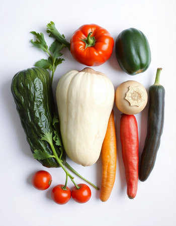 Variety of fresh vegetables on white background. Flat lay, top viewの写真素材