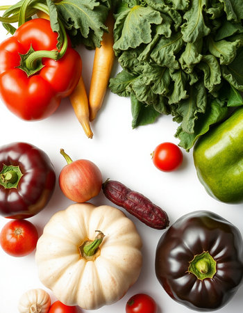 collection of fresh vegetables on white background, top view, close upの写真素材