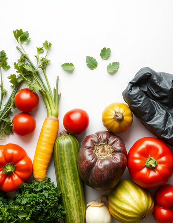 Fresh vegetables on white background, top view. Healthy food concept.