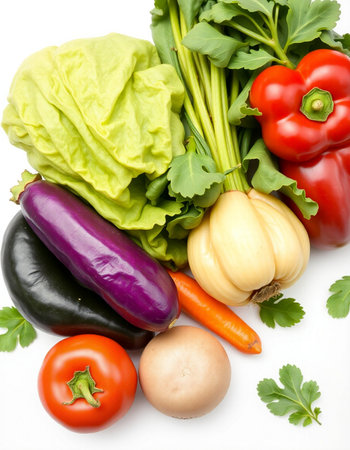 Composition with variety of fresh vegetables on white background. Balanced dietの写真素材
