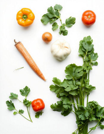 Vegetables on a white background, top view, flat layの写真素材