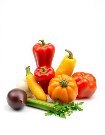 Vegetables isolated on white background. Red, yellow, orange and green peppers, eggplant, parsley