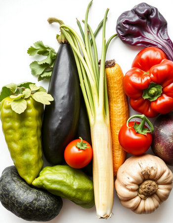 Vegetables on the white background. Healthy food. Top view.