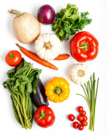 Fresh vegetables on white background. Healthy food concept. Top view.