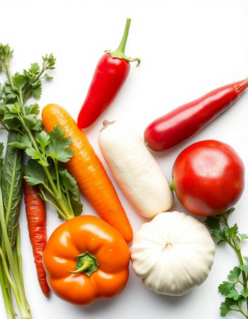 Fresh vegetables isolated on white background. Top view. Flat lay.の写真素材