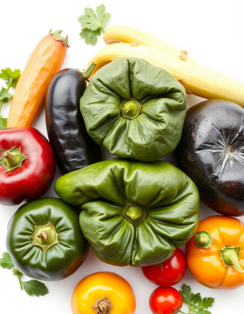 variety of fresh vegetables on white background, top view, close upの写真素材