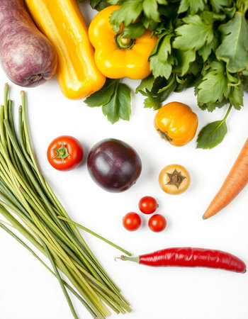 Fresh vegetables isolated on white background. Healthy food concept. View from above.の写真素材