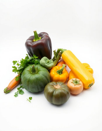 Vegetables isolated on white background. Red, green and yellow peppers, zucchini, onions and parsley