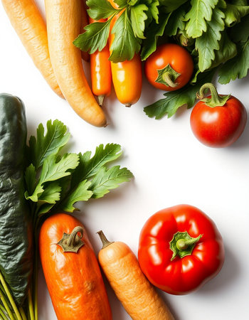 collection of fresh vegetables on white background, healthy food concept, top viewの写真素材