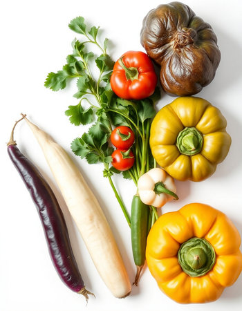 Composition with fresh vegetables on a white background. Flat lay, top viewの写真素材