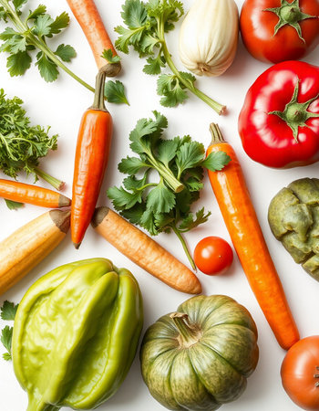 Vegetables on the white background. Flat lay, top view