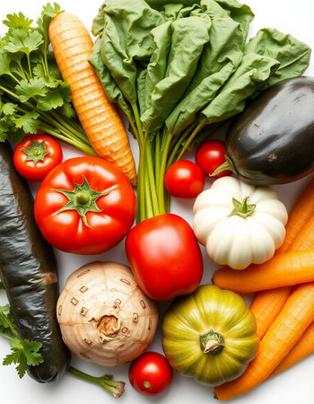 fresh vegetables isolated on white background, close-up, top viewの写真素材