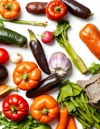 collection of fresh vegetables isolated on white background. flat lay, top viewの写真素材