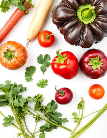 Different fresh vegetables on white background, top view. Vegetarian food