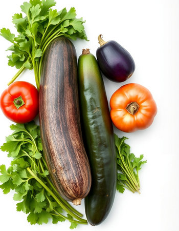 Vegetables isolated on white background. Tomato, eggplant and parsley
