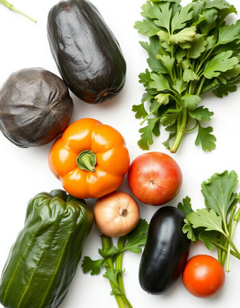 Fresh vegetables isolated on white background. Flat lay, top view.の写真素材