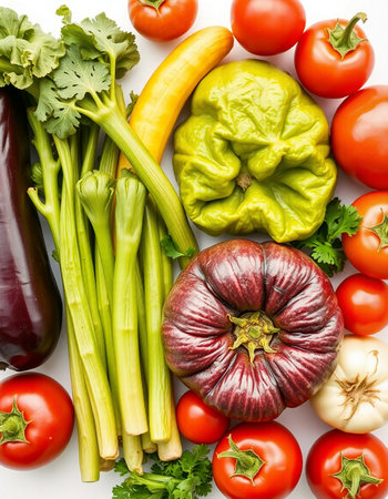 Fresh vegetables on white background, top view. Healthy food concept.の写真素材