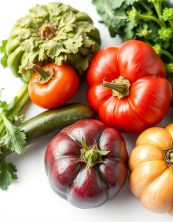 Variety of fresh vegetables on white background. Healthy eating concept.