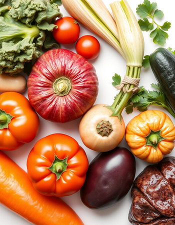 Composition with fresh vegetables on white background, top view. Balanced diet