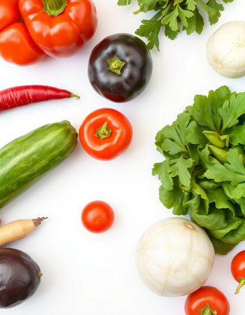 Vegetables isolated on white background. Healthy food concept. Top view.
