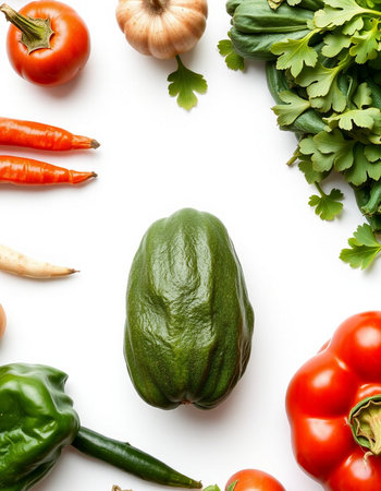 Fresh vegetables isolated on white background. Flat lay, top view.