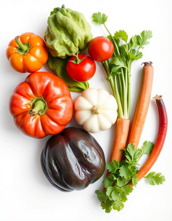 Fresh vegetables isolated on white background. Top view. Flat lay.の写真素材