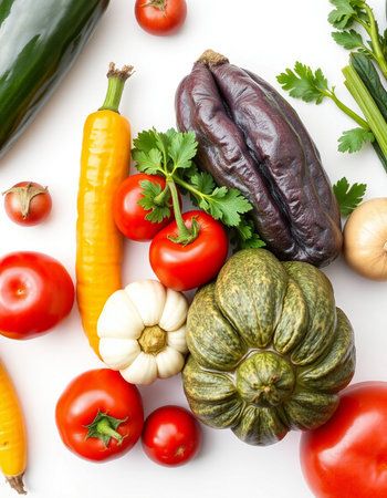 vegetables on a white background, top view, close-upの写真素材
