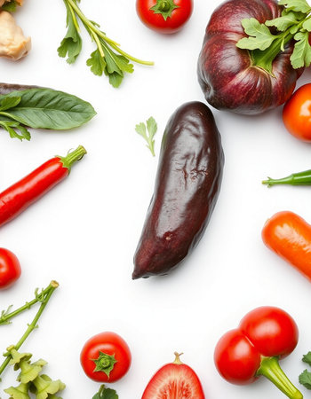 Different fresh vegetables on white background, top view. Vegetarian foodの写真素材