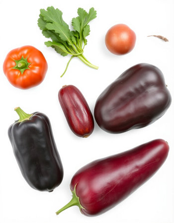 vegetables isolated on white background. tomatoes, peppers and eggplantの写真素材