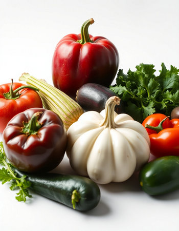 Composition with variety of vegetables on white background. Balanced diet.の写真素材