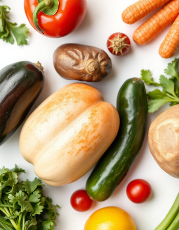 Different fresh vegetables on white background, top view. Dieting conceptの写真素材