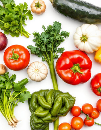 Fresh vegetables isolated on white background. Top view. Flat lay.の写真素材