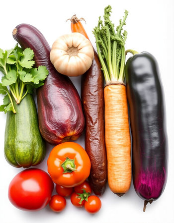 Vegetables isolated on white background. Carrot, eggplant, tomato, garlic and parsleyの写真素材