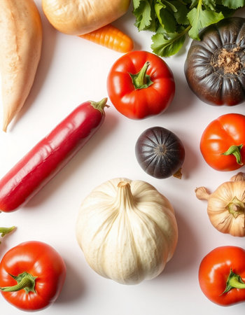 Composition with different vegetables on white background, top view. Healthy foodの写真素材