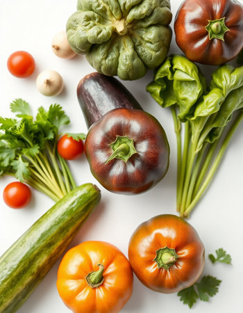 Fresh vegetables on a white background. Flat lay, top view.の写真素材